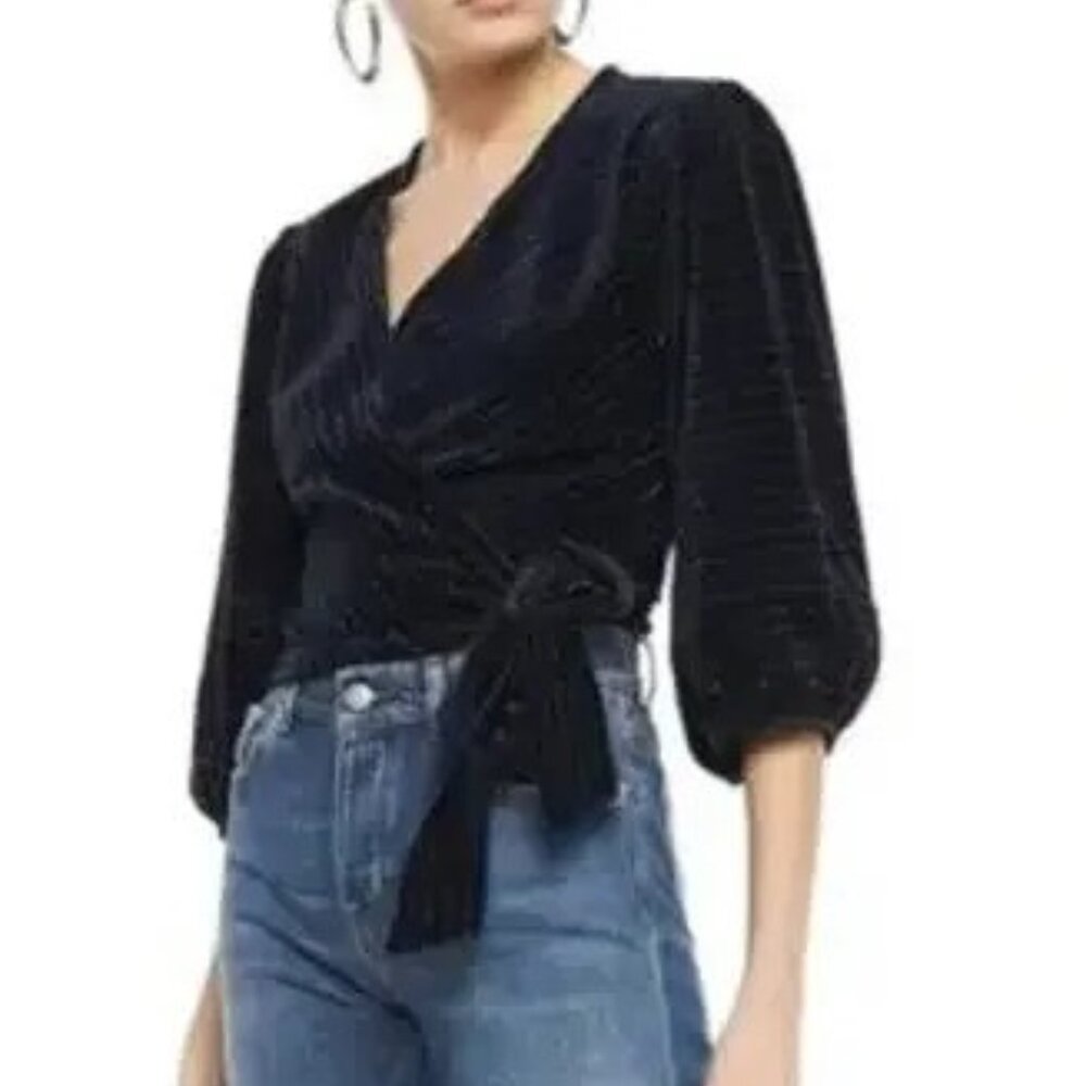 Ganni Navy Velvet Wrap Top with Silver Stripe